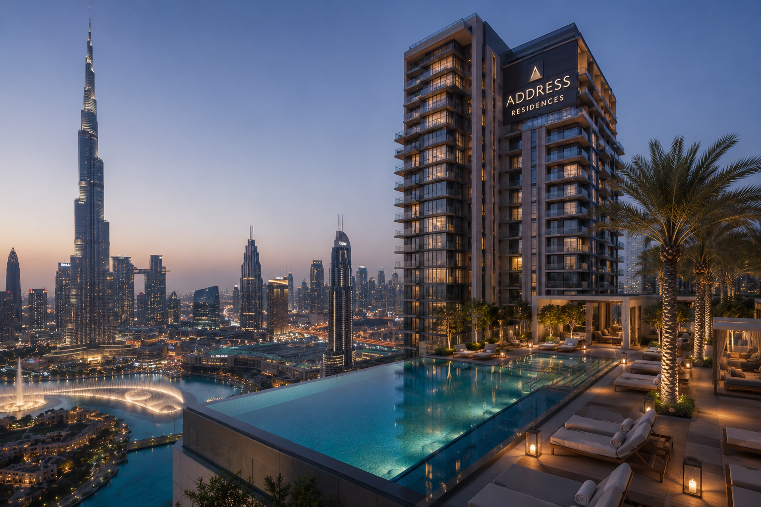 Rooftop pool with Burj Khalifa view at dusk